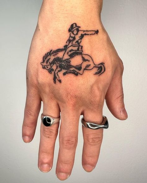 Cowboy Riding Bull Tattoo, Cowboy Line Tattoo, Horse Hand Tattoo, Cowboy Hand Tattoo, Horse Tattoo Men, Cowboy And Horse Tattoo, Cowboy American Traditional Tattoo, American Traditional Horse Tattoo, Bucking Bronco Tattoo