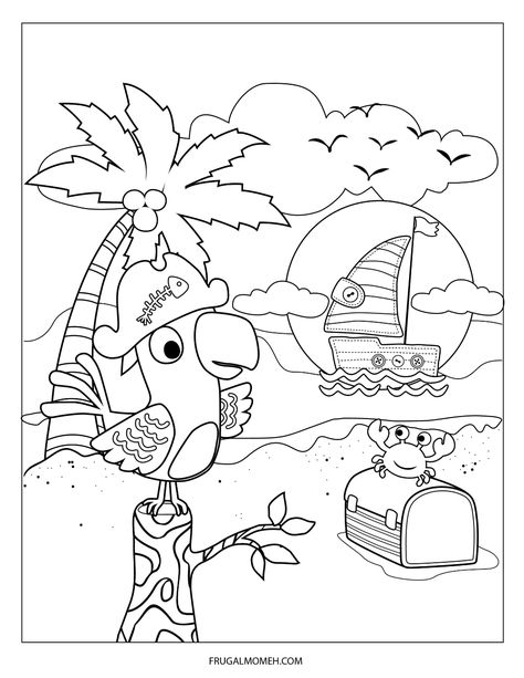 FREE Printable Pirate Colouring Pages for Kids - Frugal Mom Eh! Treasure Island Coloring Pages, Pirate Colouring Free Printable, Pirate Curriculum Preschool, Pirate Colouring Pages, Pirate Ship Coloring Page, Pirate Coloring Pages Free Printable, Pirate Printables Free Templates, Pirate Activities For Kids, Pirate Crafts For Kids