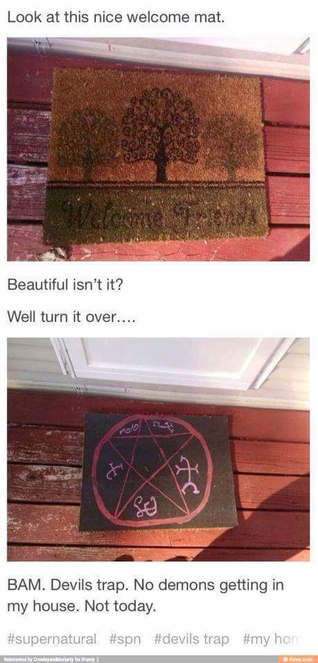 Devils trap welcome mat Devils Trap, Impala 67, Pizza Guy, Sam Dean, Supernatural Memes, Supernatural Fans, Supernatural Funny, Supernatural Fandom, Holy Water