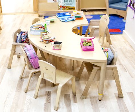 Half Circle Classroom Table Classroom Chairs And Tables, Preschool Furniture Classroom, Preschool Desk, Kindergarten Tables, Childrens Furniture Design, Preschool Tables, Kindergarten Furniture, Classroom Table, Daycare Furniture