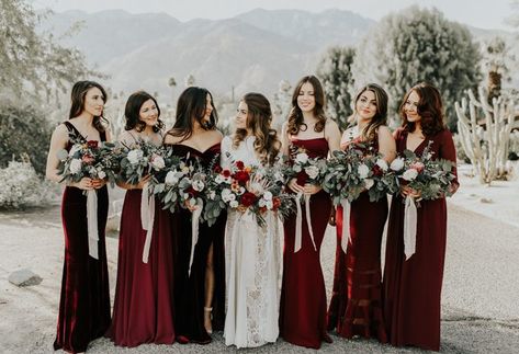 Burgundy Bridesmaid Dresses Winter, Fall Bridesmaids Dresses, Dark Red Bridesmaid Dresses, Dark Red Wedding, Winter Wedding Fashion, Winter Bridesmaids, Winter Bridesmaid Dresses, Fall Bridesmaids, White Bridal Gown