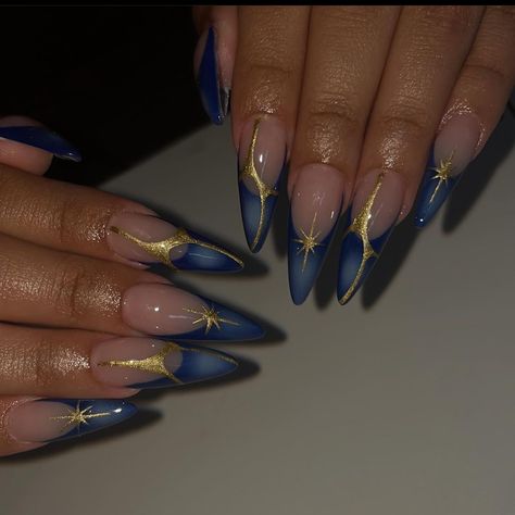 Blue And Gold Nails Ideas, Long Birthday Nail Designs, Almond Nails Blue Design, Gold And Blue Nails Design, Blue With Gold Nails, Nail Designs Blue And Gold, Blue And Gold Nails Acrylic, Almond Nails Designs Blue, Gold Blue Nails