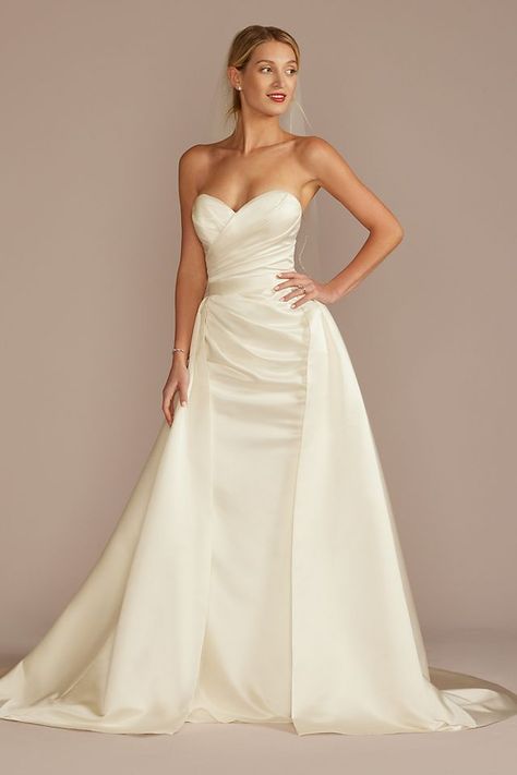 Wedding Dresses - DB Studio Satin Ruched Bodice Wedding Dress with Overskirt Style # WG4107 – View Image 1 Overlay Skirt Wedding Dress, Wedding Skirt Overlay, Ruched Bodice Wedding Dress, Wedding Dress With Overskirt, Convertible Wedding Dresses, Bodice Wedding Dress, Wedding Dresses Sweetheart Neckline, Satin Wedding Gown, Davids Bridal Wedding Dresses