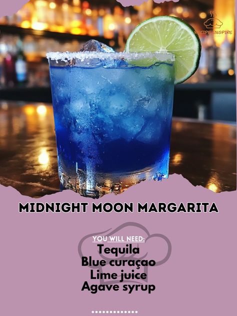 🌙🍹 Experience the magic of the night with the Midnight Moon Margarita! A delightful twist on the classic cocktail! Midnight Moon Margarita Ingredients: Tequila (2 oz) Blue curaçao (1 oz) Lime juice (1 oz) Agave syrup (0.5 oz) Lime wheel (for garnish) Instructions: In a shaker, combine tequila, blue curaçao, lime juice, and agave syrup with ice. Shake well and strain into a glass filled with ice. Garnish with a lime wheel. 🌌✨ Enjoy the Midnight Moon Margarita! This vibrant cocktail is perf... Lunazul Tequila Drinks, Midnight Drink, Agave Margarita Recipe, Agave Margarita, Blue Tequila, Margarita Ingredients, Midnight Moon, Cocktail Syrups, Yummy Alcoholic Drinks