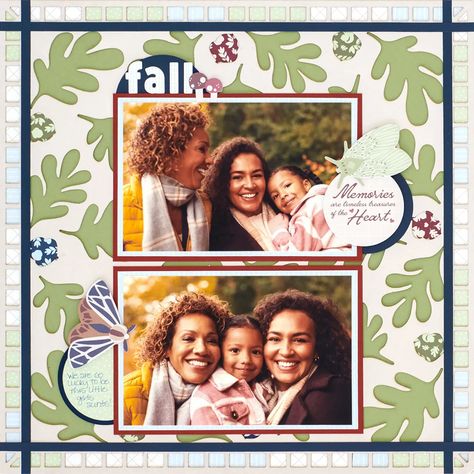 Rake Up Your Memories On This Fall Scrapbook Layout: Croptoberfest 2022 – Creative Memories Blog Fall Scrapbook Layouts, Custom Album Covers, Laser Cut Paper, Dark Sea Green, Laser Paper, Creative Memories Scrapbooking, Fall Scrapbook, Polka Dot Paper, Scrapbook Tutorial