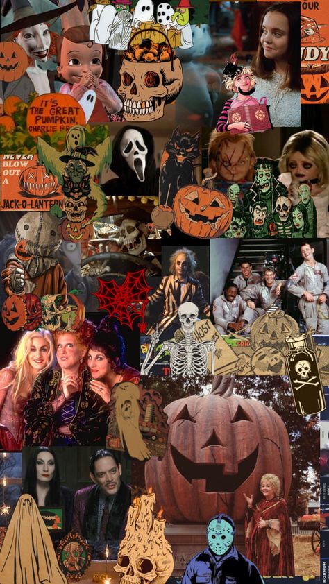 Halloween Wallpapers Collages, 80s Halloween Wallpaper, Halloween Backgrounds Collage, Halloween Collage Aesthetic, Halloween Movie Collage, Halloween Movies Wallpaper, Halloween Movie Wallpaper, Fall Halloween Aesthetic Wallpaper, Halloween Town Wallpaper