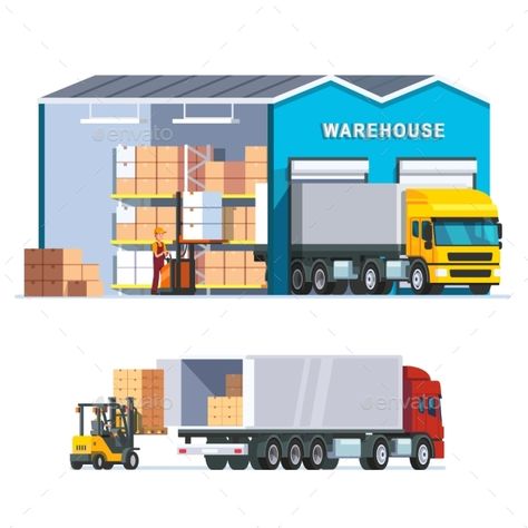 Logistics Warehouse with Loading Truck Warehouse Illustration, Sci Fi Rooms, Logistics Design, Warehouse Interior, Logistics Warehouse, Professional Business Cards Templates, Best Icons, Modern Flat, Grafic Design