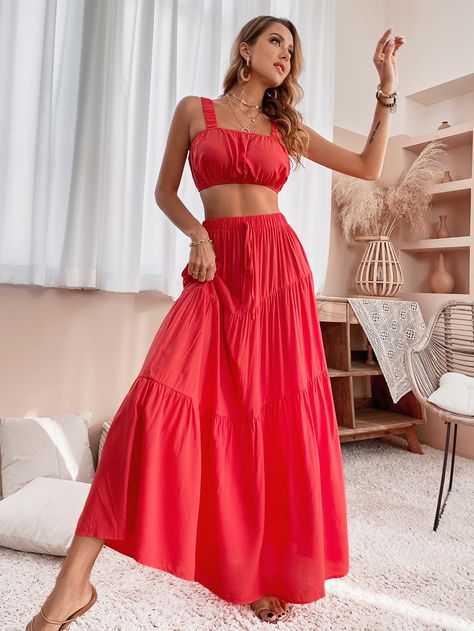 Red Boho  Sleeveless Viscose Plain  Embellished Non-Stretch Summer Women Co-ords Flowy Skirt Outfit Summer, Puff Sleeve Top And Skirt, Flowy Skirt Outfit, Red Dress Casual, Maxi Skirt Crop Top, Skirt Outfit Summer, Long Skirt Summer, Summer Outfits 2024, Ruffle Hem Skirt