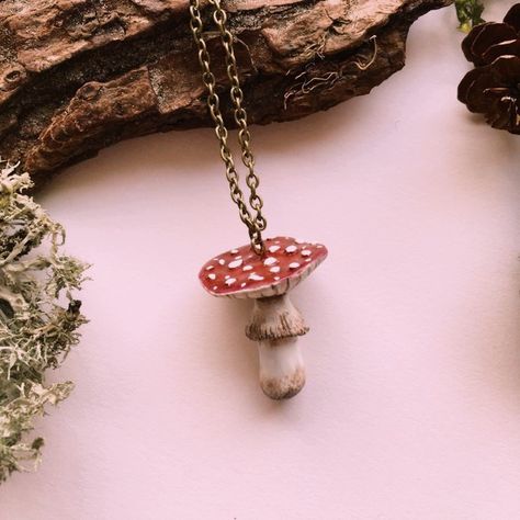 #cottage #necklace #fairycore #mushroom #mushie Clay Mushroom, Goblincore Aesthetic, Fly Agaric, Mushroom Necklace, Mushroom Jewelry, Goblin Core, Nature Necklace, Mushroom Art, Funky Jewelry