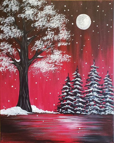 Draw Winter Scene, Scene Paintings Acrylic, Snowy Paintings Acrylic, Easy Acrylic Winter Paintings, Christmas Theme Painting, Christmas Art Painting Acrylic Easy, Winter Scenery Paintings, Simple Winter Paintings, New Year Painting Ideas