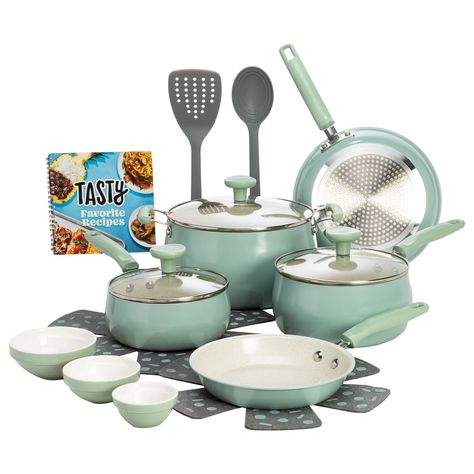 I have this set in multi color at home and at camp. Tasty Ceramic 16 Piece Non-Stick Aluminum Cookware Set, Sage Green. Walmart Creator ad https://walmrt.us/47cm8OL Green Cookware, Aluminum Pans, Ceramic Cookware, Pots And Pans Sets, Kitchen Jewelry, Cookware Sets, Pan Set, Cookware Set, Pots And Pans