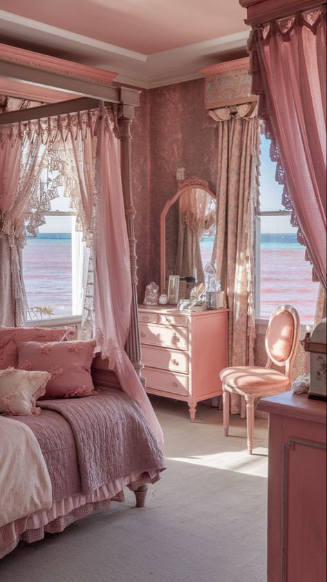 #VintageBedroom #PinkAesthetic #SeasideRetreat #DreamyInterior #AntiqueDecor #SoftVintageVibes #OceanViewRoom #SunlitSpace #BlushTones #NostalgicDecor #CoastalBedroom #WarmGlow #SereneSpaces #VintageTrinkets #PastelParadise #LaceCurtains #RosyAmbiance #FadedRoseDecor #BeachsideBeauty #RomanticInteriors Coastal Bedroom, Blush Tones, Vintage Bedroom, Rose Decor, Lace Curtains, Antique Decor, Dream Rooms, Vintage Vibes, Pink Aesthetic