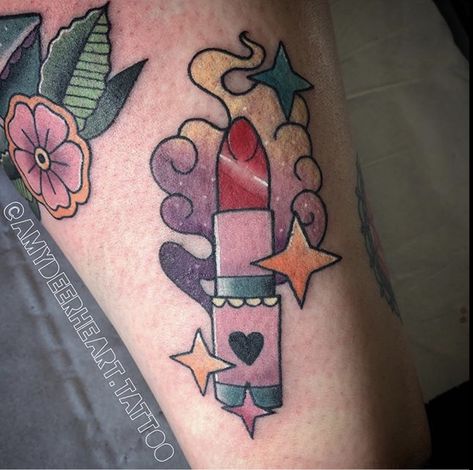 Tube Of Lipstick Tattoo, Lipstick Tattoo, Lipstick Tattoos, Tattoo Color, Color Lipstick, Makeup Tattoos, Girly Tattoos, Traditional Tattoo, Tatting