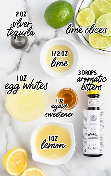 Tequila Sour raw ingredients that are labeled Tequila Sour Recipe, How To Make Tequila, Tequila Sour, Margarita Popsicles, Liquid Egg Whites, Sour Foods, Aromatic Bitters, Sour Mix, Slice Of Lime