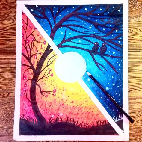 night and day scenery made with oil pastels Day Scenery, Oil Pastel Landscape, Fun Drawings, Random Sketches, Valentine Cards Handmade, Oil Pastel Paintings, Pastel Paintings, Pastel Landscape, Scenery Paintings