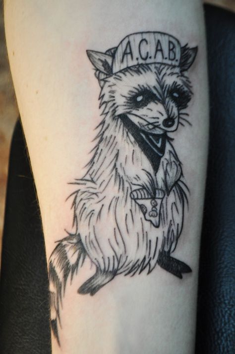 Folk Punk Tattoo, Warthog Tattoo, Raccoon With Cowboy Hat Tattoo, Raccoon Stick And Poke, Raccoon Tattoo Design, Tactical Raccoon Tattoo, Punk Raccoon, Punk Raccoon Tattoo, Punk Tattoo Ideas