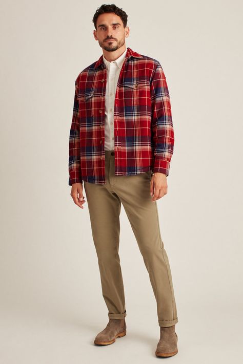 Men's khaki pants worn with a red plaid flannel shirt and suede Chelsea boots. This outfit first appeared in the article: Men’s Khaki Pants Outfit Inspiration: 17 Foolproof Looks For 2022, on MensFlair.com Red Flannel Outfit, Chelsea Boot Outfit, Red Christmas Outfit, Sherpa Shacket, Flannel Shirt Outfit, Khaki Pants Outfit, Chelsea Boots Men Outfit, Shirt Outfit Men, Pants Outfit Men