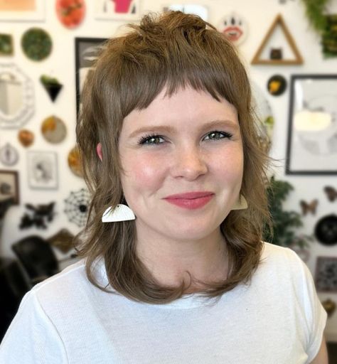 Round Face and Long Mullet with Micro Bangs Mullet With Micro Bangs, Microbangs Round Face, Mullet Round Face, Micro Bangs Round Face, Micro Bangs, Wavy Layered Hair, A Line Haircut, Androgynous Haircut, Haircuts For Round Faces