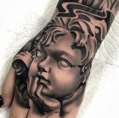 Hand Forearm Tattoos For Guys, Detailed Hand Tattoo, Face Hand Tattoos For Guys, Angel Tattoo Sleeve For Men, Angel Hand Tattoos For Women, Angel On Hand Tattoo, Angel Money Tattoo, Angel Tattoo On Hand, Chicano Angel Tattoo