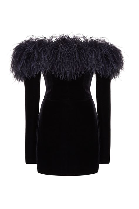 Back zip closure with off shoulder sleeves. Velvet off the shoulder mini dress with feathers. Feather-trim velvet minidress from alessandra rich featuring black, velvet, feather-trim detailing, strapless, long sleeves, fitted waistline and above-knee length. Mini Dress With Feathers, Velvet Dress Black, Feather Mini Dress, Dress With Feathers, Off The Shoulder Mini Dress, Velvet Mini Dress, Alessandra Rich, Rich Women, Black Velvet Dress