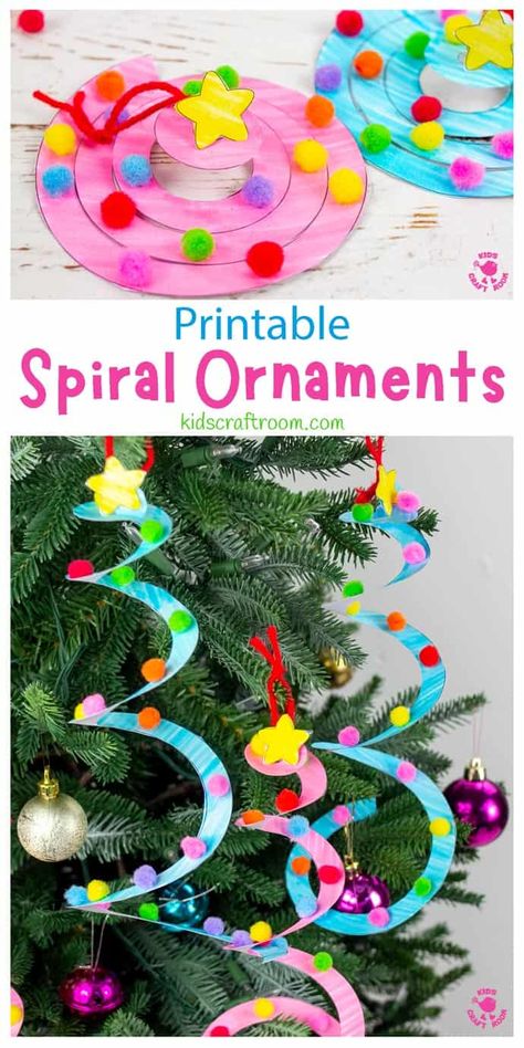 Christmas Tree Spiral Decorations, Spiral Ornament Tree, Christmas Tree Ornament Preschool, Christmas Ornament Preschool Craft, Kids Christmas Tree Ornaments Diy, Spiral Christmas Tree Decoration, Easy Pre K Christmas Crafts, Simple Ornaments Diy Kids, Christmas Ornament Template Printable