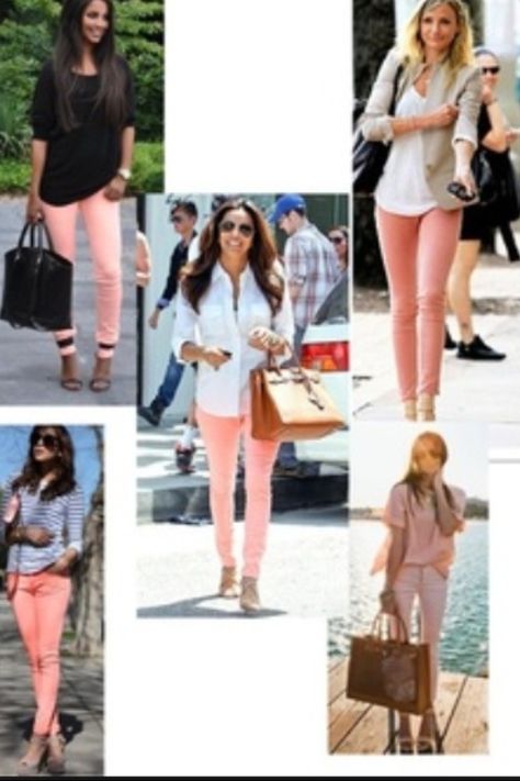 Peach jeans Rose Color Pants Outfits, Salmon Pink Pants Outfit, Salmon Jeans Outfit, Blush Pants Outfit Work Wear, Peach Jeans Outfit, Outfits With Peach Pants, Peach Trousers Outfits, Salmon Pants Outfit, Blush Pants Outfit