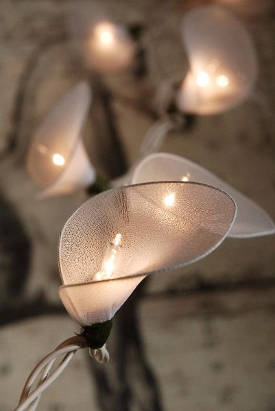 Calla Lily Lights 20 Nylon Flowers 10 Feet $16 set / 3 sets $15 each (end to end plug in) Nylon Crafts, Calla Lily Flower, Nylon Flowers, White String Lights, Paper Flower Tutorial, Flower Lights, Ribbon Crafts, Pisco, Lily Flower