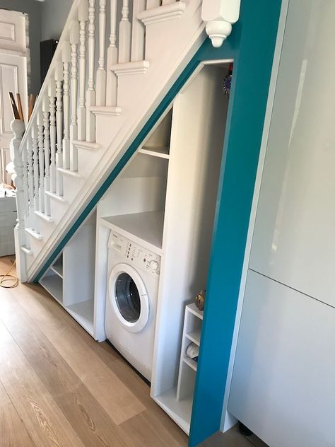 Under Stairs Washing Machine, Washing Machine Under Stairs, Under Stairs Utility, Door Under Stairs, Under Stairs Nook, Utility Space, Stair Nook, Under Stair Storage, Under Stair