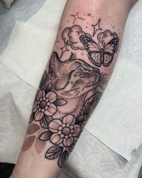 Cat Face With Flowers Tattoo, Butterfly And Stars Tattoo, Cat With Flowers Tattoo, Face With Flowers Tattoo, Stars Tattoo Designs, Butterfly And Stars, Cat Face Tattoos, Brand New Tattoos, Butterfly With Flowers Tattoo