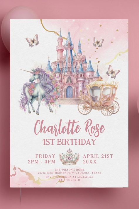 Magical Castle Unicorn Pink Princess 1st Birthday Invitation Magical Castle, Charlotte Rose, Princess Birthday Invitations, Magical Birthday, Unicorn Birthday Invitations, 1st Birthday Invitation, Princess Birthday Party, 1st Birthday Invitations, Birthday Design