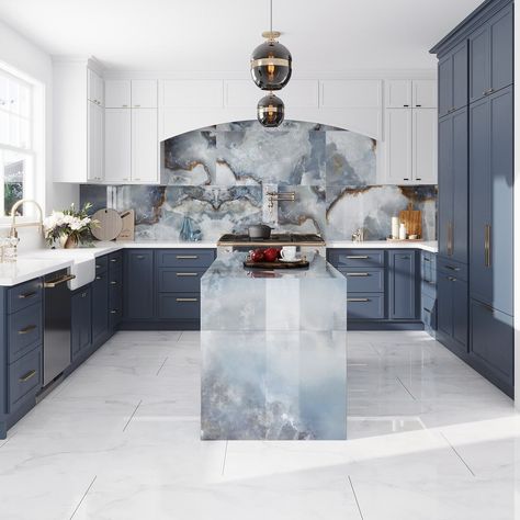 30 Kitchen Tile Ideas to Revamp Your Cooking Space in Style - placeideal.com Blue Marble Kitchen Island, Blue Quartzite Bathroom, Belize Azul Polished Porcelain Tile, Onyx Marble Texture Seamless, Blue Marble Kitchen, Blue Granite Kitchen, Tiles Countertop, Blue Quartz Countertops, Blue Tile Backsplash Kitchen