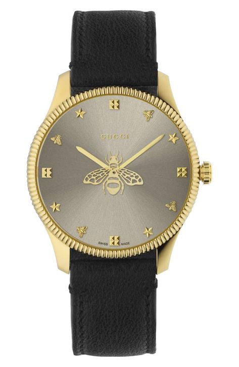 Gucci G-Timeless Bee Leather Strap Watch, 36mm available at #Nordstrom Leather Strap Watch, Leather Straps, Bee, Nordstrom, Gucci, Leather