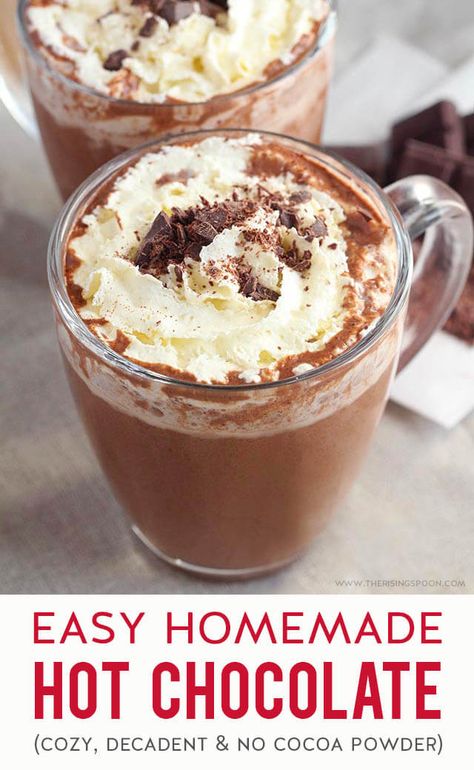 Learn how to make homemade hot chocolate on your stovetop in minutes without cocoa powder. All you need is a chocolate bar or chips, your favorite sweetener, and milk. To make it even more decadent, add some vanilla extract, dry spices & a creamy topping. Skip the store mixes and pricey cafe drinks and fix this easy recipe instead! (gluten-free with dairy-free option) #hotchocolate #comfortfood #drinks #chocolate #homemade #easyrecipe #realfood Hot Chocolate Without Milk, Drinks Chocolate, Beverages Recipes, Simmering Pot, Dry Spices, Cafe Drinks, Chocolate Homemade, New Year's Desserts, Future Chef