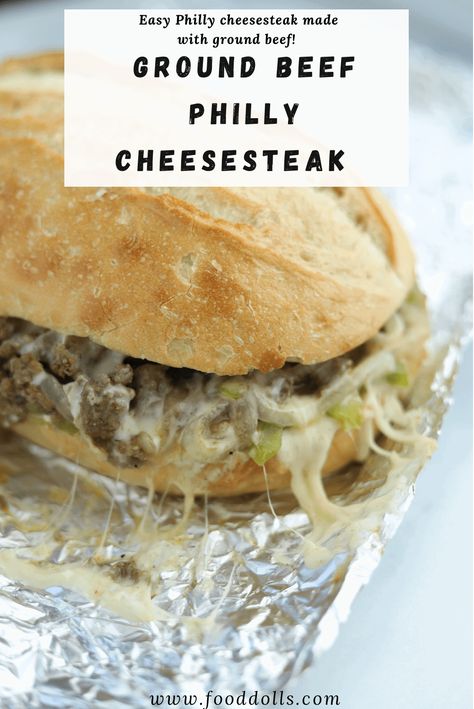 This Philly Cheesesteak Sandwich is made with ground beef, it's simple and easy, this works great as sliders too! #sandwich fooddolls.com Ground Beef Recipes Philly Cheesesteak, Philly Cheese Steak With Hamburger, Philly Cheese Steak Sandwich Recipe Hamburger, Philly Cheese Steak Burger Ground Beef, Philly Cheese With Ground Beef, Cheesesteak Recipe Ground Beef, Philly With Ground Beef, Ground Beef Filly Cheese Steak, Ground Beef Cheese Steak Sandwich