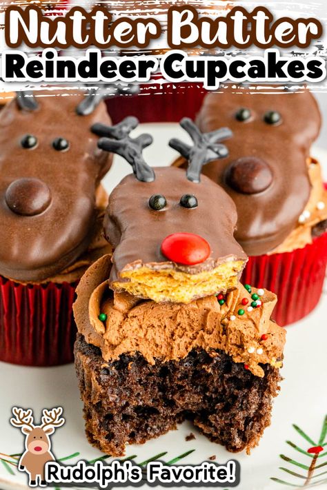 These Reindeer Cupcakes, topped with an adorable chocolate dipped Nutter Butter reindeer cookie, make the perfect sweet treat for your next Christmas party! Rudolph Cupcakes, Christmas Dessert Tray, Jul Kaka, Deco Cupcake, Reindeer Cupcakes, Crazy Adventures, New Year's Desserts, Kid Life, Reindeer Games