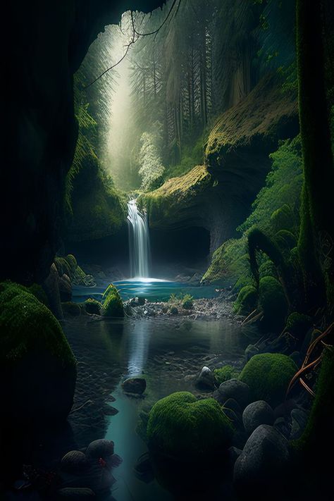 This design features a waterfall cascading down a mountain, surrounded by lush green foliage and a flowing river. The silver-colored water of the waterfall glistens in the sunlight, creating a mesmerizing and serene image. Flowing River, Silver Ribbon, Fantasy Places, Beautiful Landscape Wallpaper, Fantasy Art Landscapes, Fantasy Aesthetic, Green Foliage, Beautiful Fantasy Art, Nature Landscape