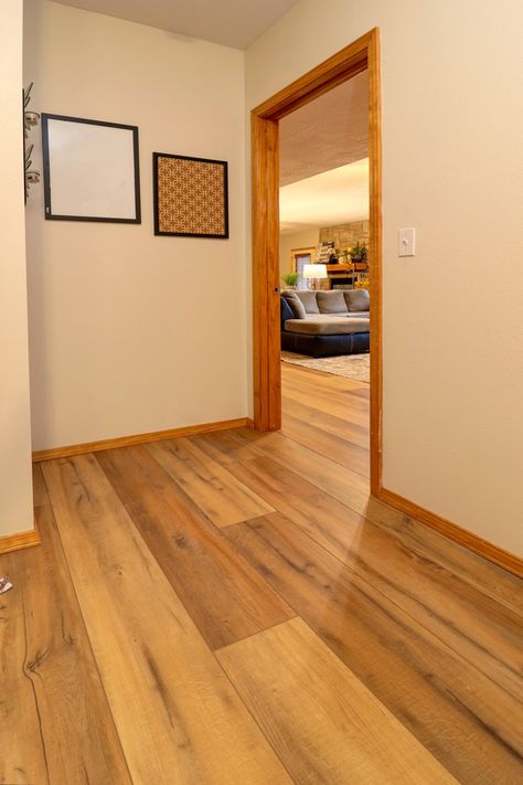 Coretec Vinyl Plank Flooring, Honey Oak Trim, Oak Wood Trim, Wood Floor Colors, Navy Living, Light Oak Floors, Best Vinyl Flooring, Honey Oak Cabinets, Hardwood Floor Colors