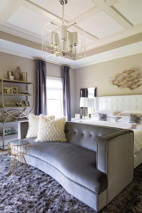 The homeowner of this bedroom requested a space that was classic, timeless and glamorous. See the luxe results at HGTV.com. Sofa In Bedroom Ideas, Bedroom Ideas Layout, Bedroom With Sofa, Sofa In Bedroom, Regency Bedroom, Hollywood Regency Bedroom, Modern And Contemporary Living Room, Bedroom Design Styles, Sofa Layout