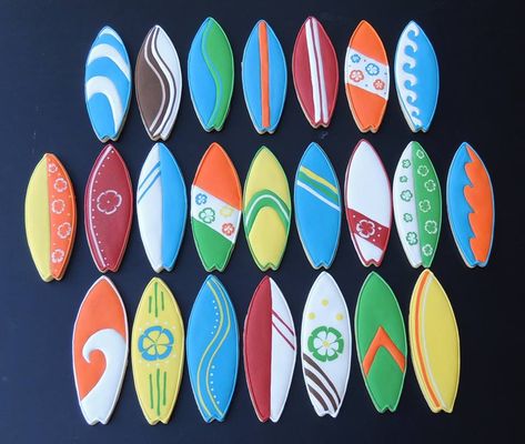 Surfboard cookies Surfboard Cookies, Surfboard Cake, Surfer Cake, Sport Cookies, Luau Cookies, Hawaiian Cookies, Surf Wedding, Surf Cake, Summer Sugar Cookies