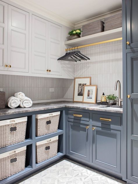 Laundry Room And Utility Room, Laundry Room With Dark Blue Cabinets, Laundry Room 2023 Trends, Laundry Room Silver Appliances, Two Toned Laundry Room Cabinets, Two Tone Laundry Room Cabinets, L Shape Laundry Room Ideas, Laundry Room Without Windows, French Blue Laundry Room