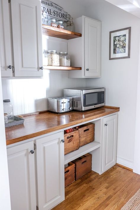 Dishwasher Hole Ideas, Desk Remodel, Pantry Hallway, Hallway Pantry, Cottage Pantry, Diy Pantry Makeover, Kitchen Desk Areas, Baking Center, Open Pantry