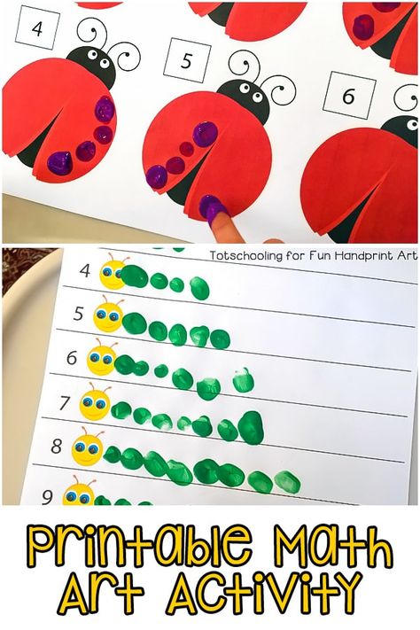 Preschoolers can practice counting to ten with these fun fingerprint caterpillar, ladybug, and flower counting activities. #preschooler #funhandprintartblog #totschooling #mathactivities #STEAM Counting Caterpillar Free Printable, Fingerprint Caterpillar, Ladybug Math, Math Art Activities, Caterpillar Activities, Number Activities Preschool, Hungry Caterpillar Activities, Thumbprint Art, Math Activities For Kids