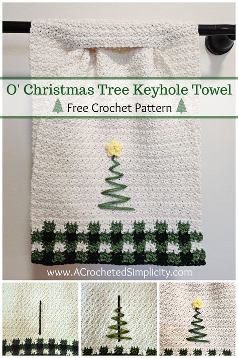 Free Crochet Keyhole Towel Pattern - O' Christmas Tree Towel by A Crocheted Simplicity #freecrochetpattern #crochettowelpattern #christmastowel #christmastreetowel #christmastree #crochetchristmastree #crochetplaidtowel #crochetplaid #crochetbuffaloplaid #crochetchristmas #handmadetowel #stayputtowel #keyholetowel Crochet Dish Towels, Holiday Crochet Patterns, Crochet Kitchen Towels, Crochet Christmas Ornaments Free, O Christmas Tree, Crochet Decor, Crochet Xmas, Crochet Towel, Crochet Christmas Trees