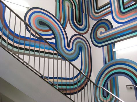 See Stairwell Mural by Serena Mitnik-Miller at Facebook HQ, Menlo Park | Wescover Stairwell Mural, Blue Striped Walls, Youth Group Rooms, Stairway Walls, Cabin Interior Design, Stair Well, Interior Murals, Tech Ideas, Wall Graphic