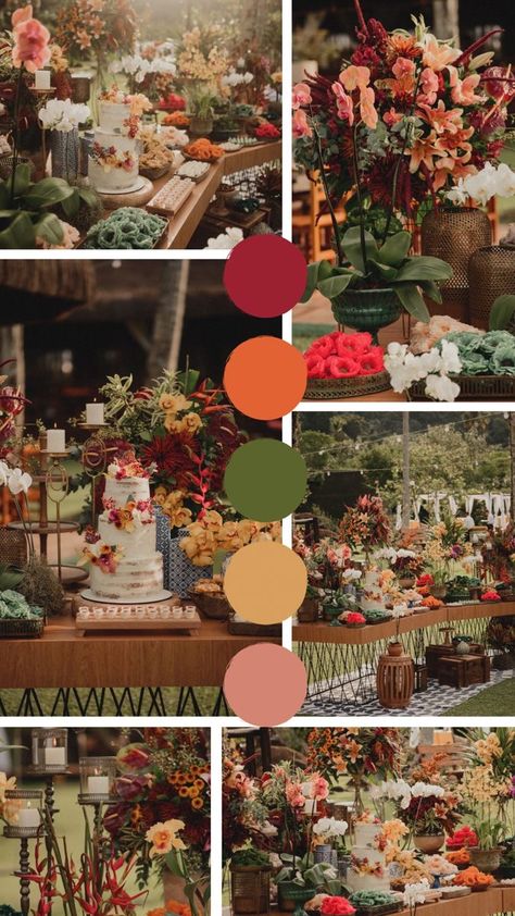 Modern Mexican Wedding Colors, Mexican Wedding Colors Palette, Tropical Wedding Theme Color Palettes, Costa Rica Wedding Colors, Tropical Vintage Wedding, Terracota Mexican Wedding, Boho Wedding Theme Color Palettes, Boho Mexican Wedding Decor, Hacienda Wedding Color Palette