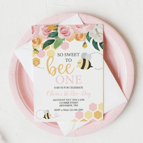 $ 2.98 | Bee Day bumblebee 1st Birthday pink floral - bee, bee day, first birthday, floral, flowers, pink, honeycomb, cute bee, bumblebee, girl birthday Bee Party Ideas 1st Birthdays, Babygirl 1st Birthday Party Themes, First Birthday Girl Ideas Themes, Sweet To Bee One Birthday Party, Bee Themed 1st Birthday Party Girl, 1st Birthday Girl Bee Theme, Baby Girl 1st Birthday Bee Theme, Happy First Bee Day, So Sweet To Bee One Birthday