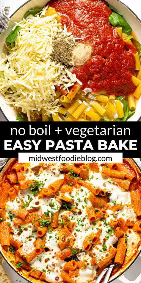 Pasta Bake No Cheese, One Pan Pasta Recipes Oven, Baked Vegetarian Pasta Recipes, Pasta Cooked In Oven, Dry Pasta Bake, How To Cook Pasta In The Oven, Easy One Pan Pasta Recipes, Cooking Pasta In Oven, Cook Pasta In Oven