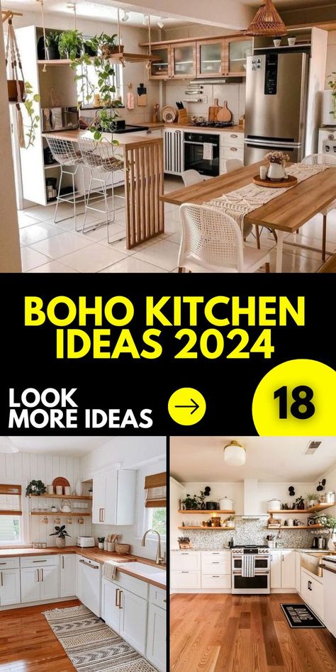 Don't let space constrain your creativity. With boho kitchen ideas 2024 specially tailored for compact spaces, you can use rich Bohemian style colour themes and intricate patterns to maximize the aesthetic appeal of even the smallest kitchens. Boho Kitchen Furniture, Modern Boho Kitchen Cabinets, Boho Kitchen Remodel Ideas, Boho Kitchen Wall Art, Boho Shelving Ideas, Boho Style Kitchen Ideas, Botanical Maximalism, Boho Kitchen Cabinet, Boho Kitchen Cabinets