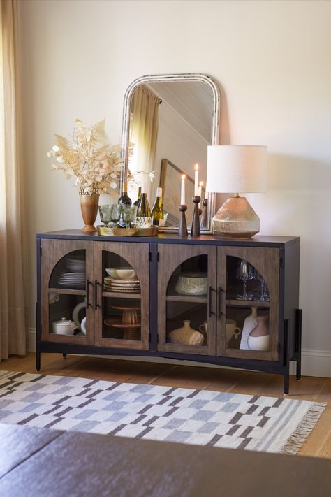 Buffet Cabinet Decor, Modern Farmhouse Hutch, Fluted Table, Arched Wall Mirror, Arched Wall, Contemporary Sideboard, Wooden Dining Set, Black Sideboard, Arched Doors