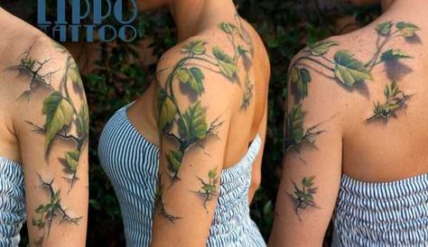 hyper-realistic-3d-tattoos (32) Poison Ivy Tattoo, Hop Tattoo, Blatt Tattoos, Botanisches Tattoo, Ivy Tattoo, Mens Tattoos, Wrap Tattoo, Branch Tattoo, Floral Tattoo Sleeve